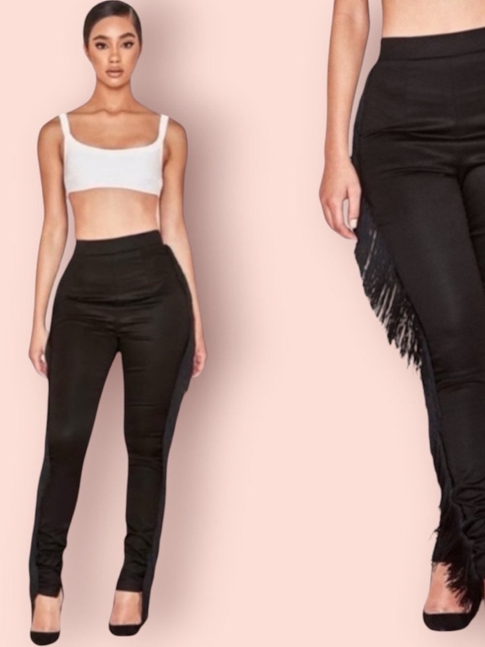 HOUSE OF CB London Ariyan Satin Fringe Black Pants